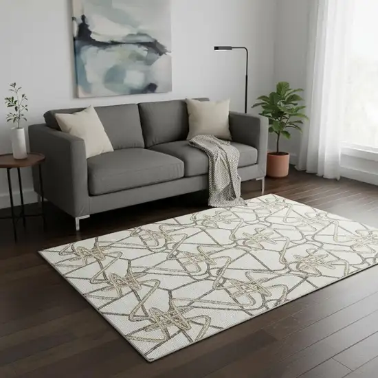 Ivory And Beige Geometric Washable Area Rug With UV Protection Photo 2