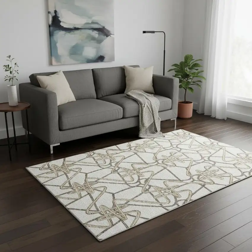 Ivory And Beige Geometric Washable Area Rug With UV Protection Photo 2
