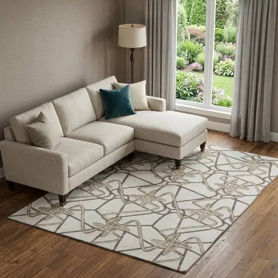 Ivory And Beige Geometric Washable Area Rug With UV Protection Photo 1
