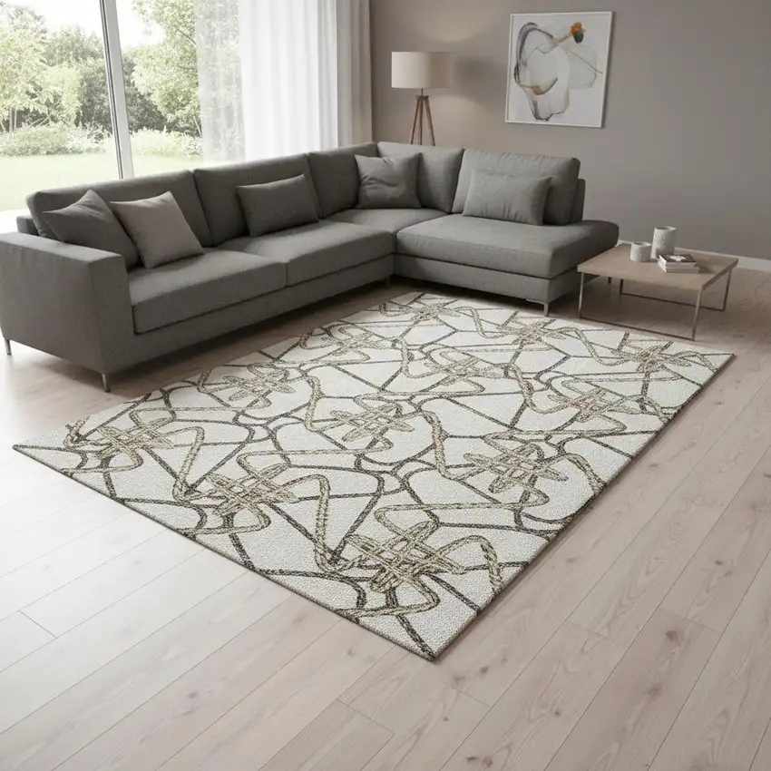 Ivory And Beige Geometric Washable Area Rug With UV Protection Photo 2