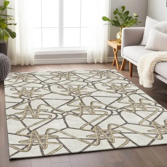Ivory And Beige Geometric Washable Area Rug With UV Protection Photo 4