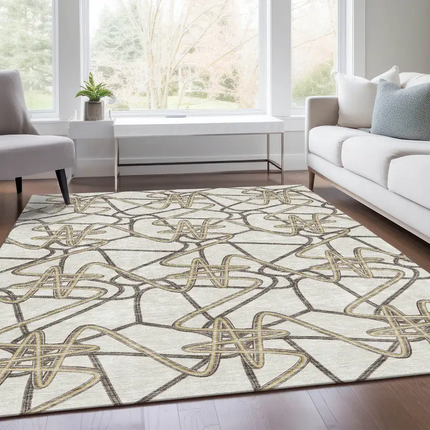 Ivory And Beige Geometric Washable Area Rug With UV Protection Photo 5