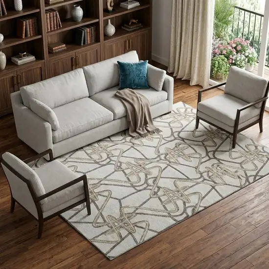 Ivory And Beige Geometric Washable Area Rug With UV Protection Photo 1