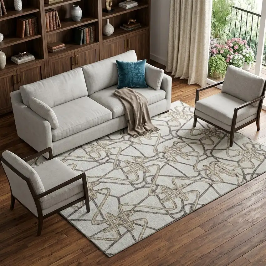 Ivory And Beige Geometric Washable Area Rug With UV Protection Photo 1