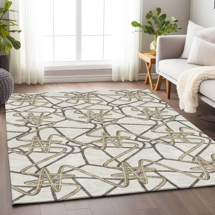 Ivory And Beige Geometric Washable Area Rug With UV Protection Photo 4