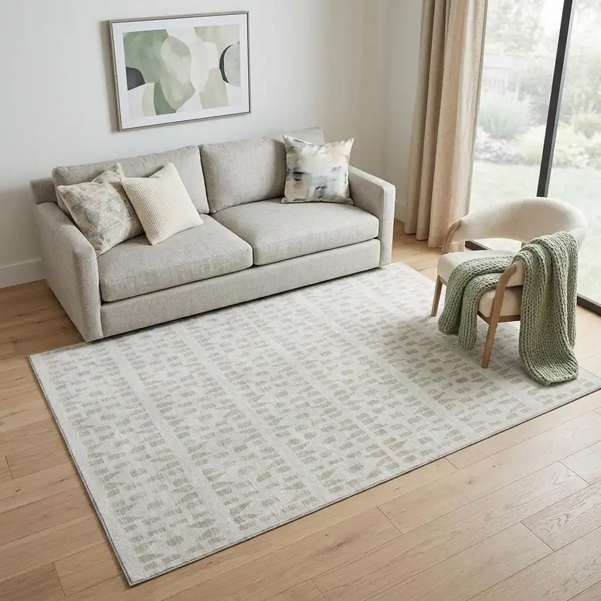 Ivory And Beige Geometric Washable Area Rug With UV Protection Photo 1