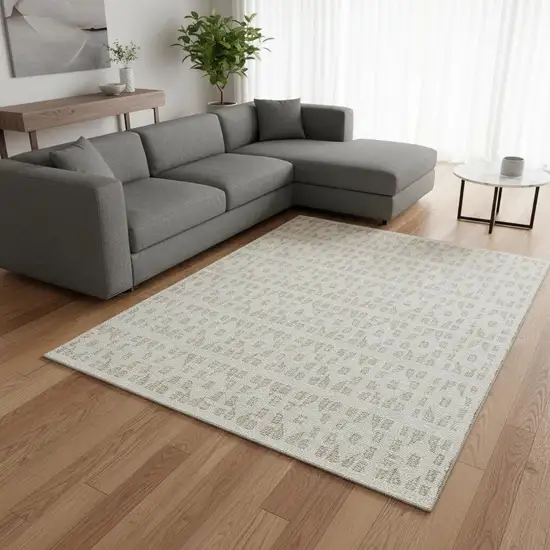 Ivory And Beige Geometric Washable Area Rug With UV Protection Photo 2