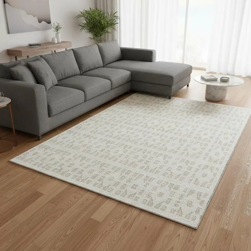 Ivory And Beige Geometric Washable Area Rug With UV Protection Photo 2