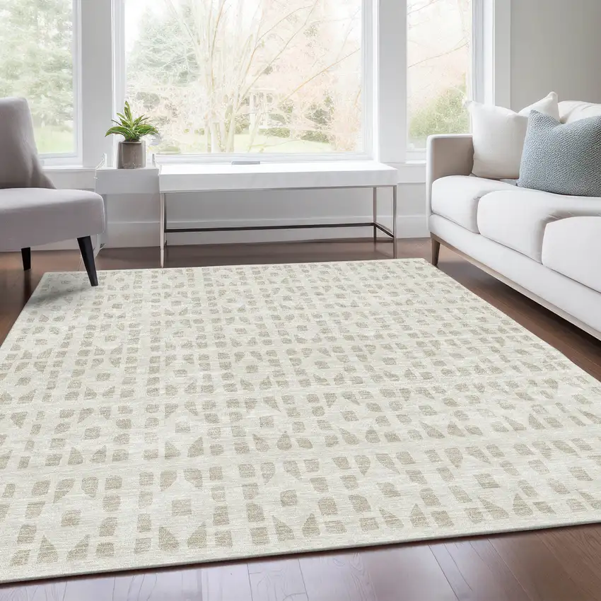 Ivory And Beige Geometric Washable Area Rug With UV Protection Photo 5
