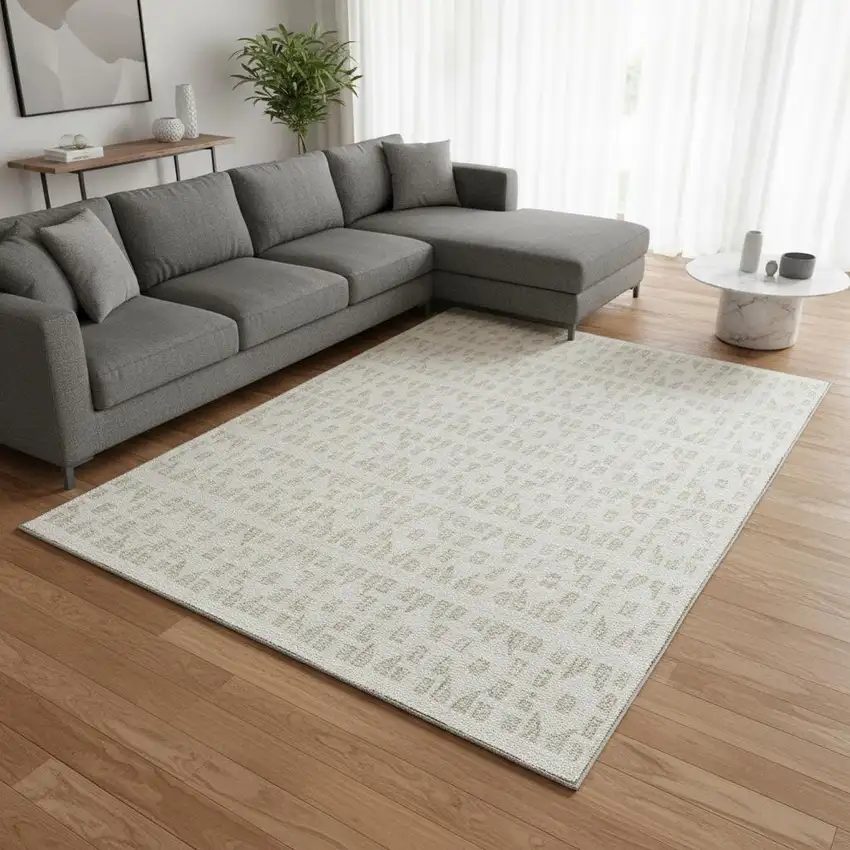 Ivory And Beige Geometric Washable Area Rug With UV Protection Photo 2