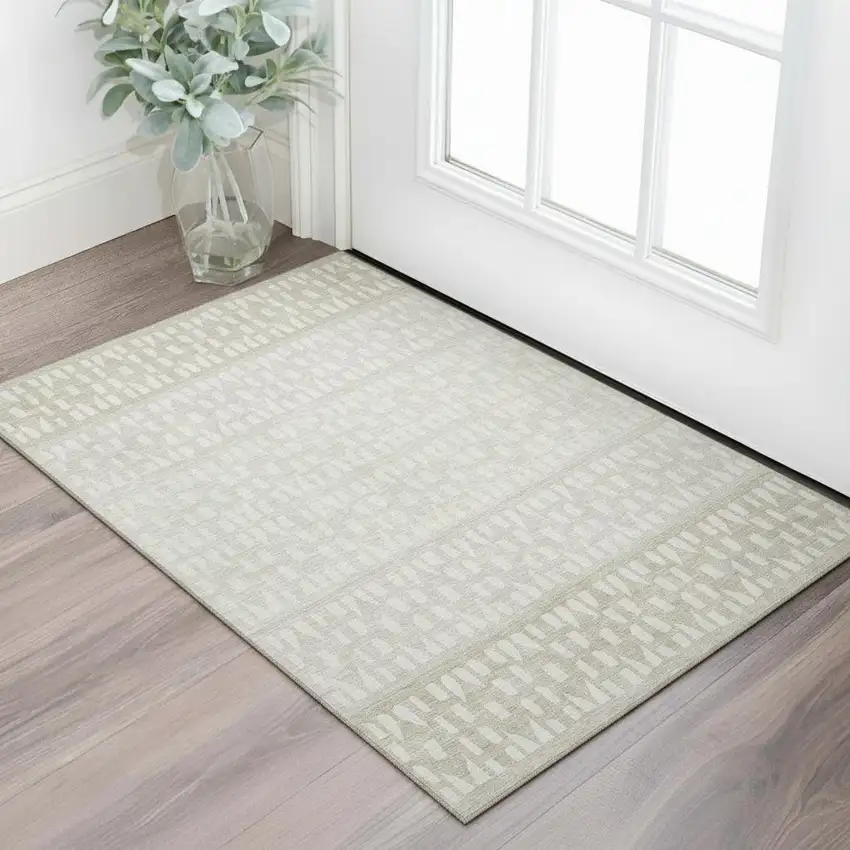 Ivory And Beige Geometric Washable Area Rug With UV Protection Photo 2