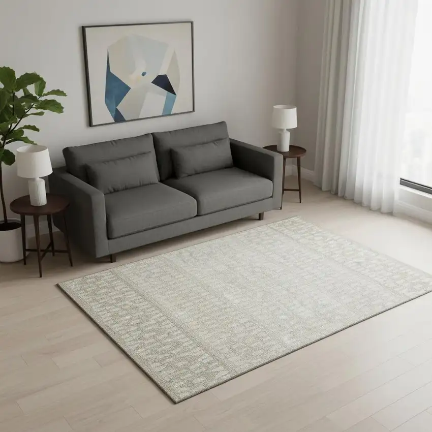 Ivory And Beige Geometric Washable Area Rug With UV Protection Photo 2