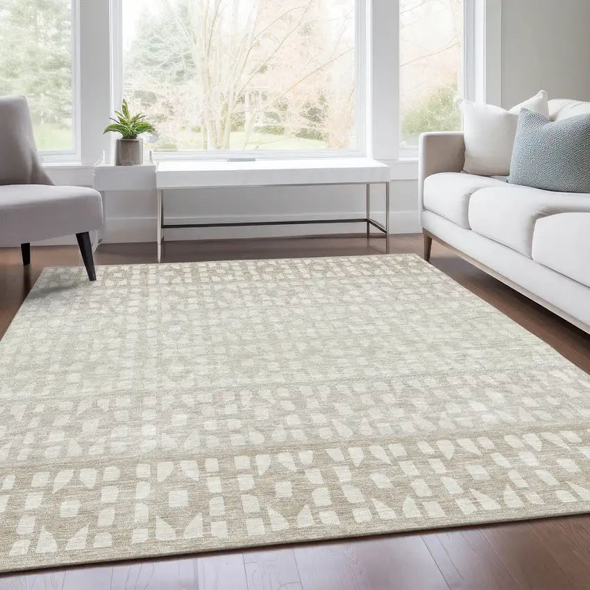 Ivory And Beige Geometric Washable Area Rug With UV Protection Photo 5