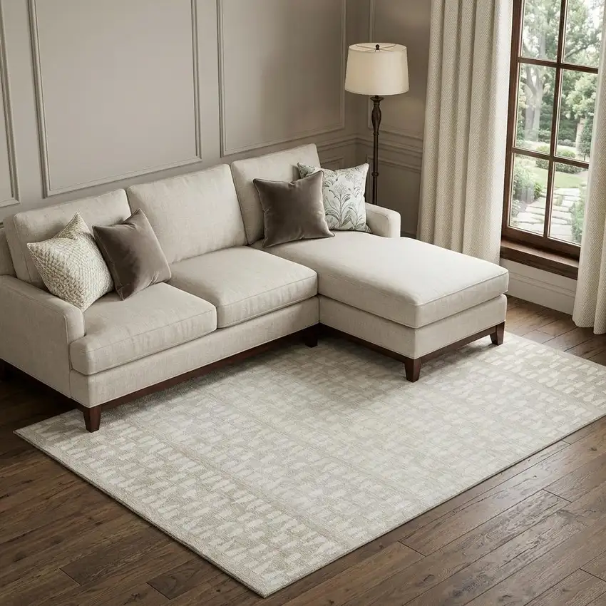 Ivory And Beige Geometric Washable Area Rug With UV Protection Photo 1