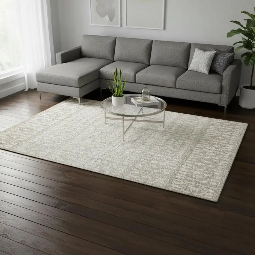 Ivory And Beige Geometric Washable Area Rug With UV Protection Photo 2