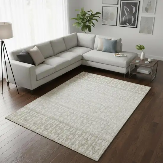 Ivory And Beige Geometric Washable Area Rug With UV Protection Photo 2