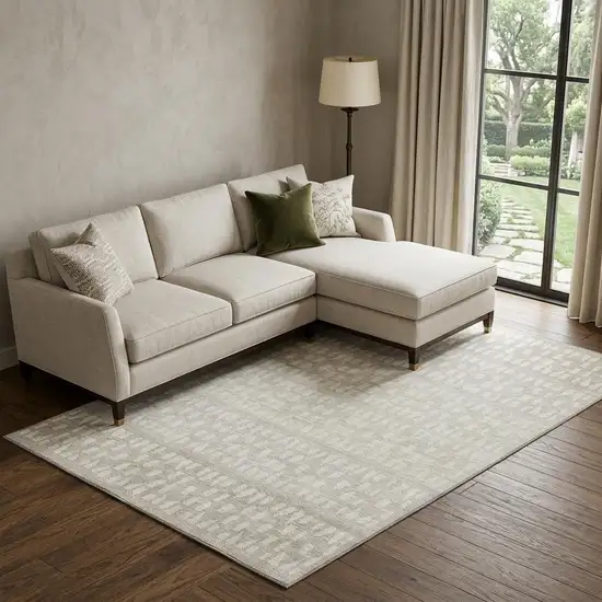 Ivory And Beige Geometric Washable Area Rug With UV Protection Photo 1