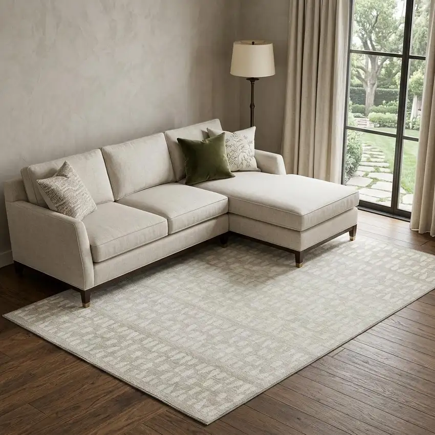 Ivory And Beige Geometric Washable Area Rug With UV Protection Photo 1