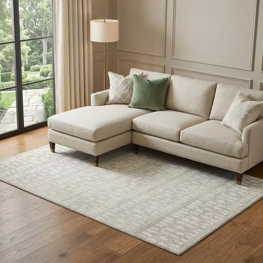 Ivory And Beige Geometric Washable Area Rug With UV Protection Photo 1