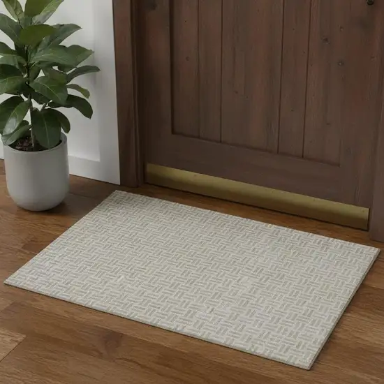 Ivory And Beige Geometric Washable Area Rug With UV Protection Photo 1