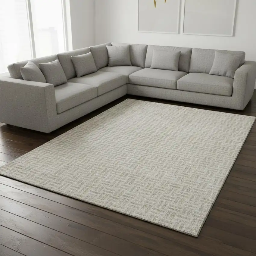 Ivory And Beige Geometric Washable Area Rug With UV Protection Photo 2