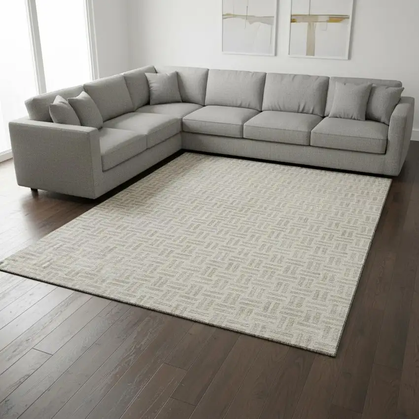 Ivory And Beige Geometric Washable Area Rug With UV Protection Photo 2