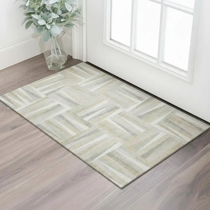 Ivory And Beige Geometric Washable Area Rug With UV Protection Photo 2