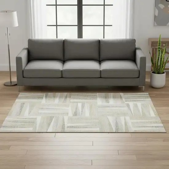 Ivory And Beige Geometric Washable Area Rug With UV Protection Photo 2
