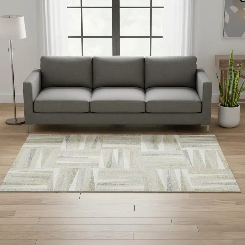 Ivory And Beige Geometric Washable Area Rug With UV Protection Photo 2