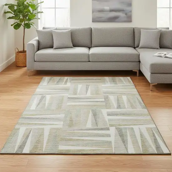 Ivory And Beige Geometric Washable Area Rug With UV Protection Photo 2