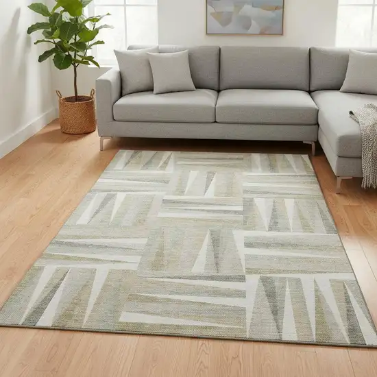 Ivory And Beige Geometric Washable Area Rug With UV Protection Photo 2