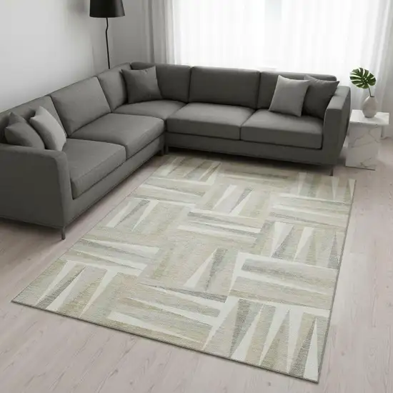 Ivory And Beige Geometric Washable Area Rug With UV Protection Photo 2