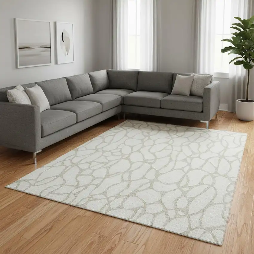 Ivory And Beige Geometric Washable Area Rug With UV Protection Photo 2