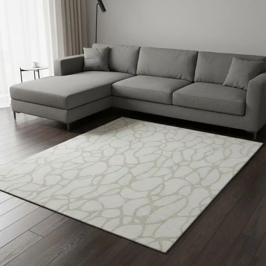 Ivory And Beige Geometric Washable Area Rug With UV Protection Photo 2