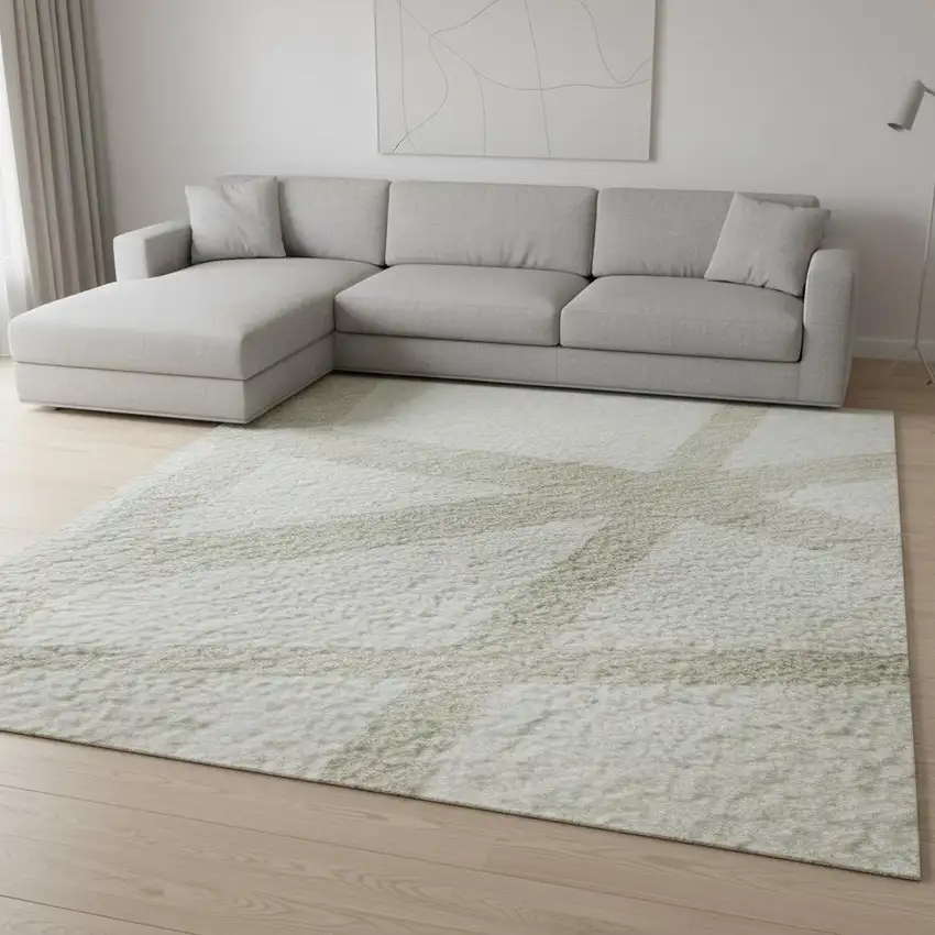 Ivory And Beige Geometric Washable Area Rug With UV Protection Photo 2