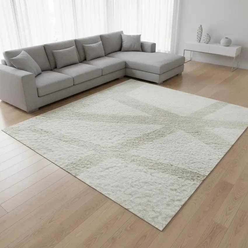 Ivory And Beige Geometric Washable Area Rug With UV Protection Photo 2