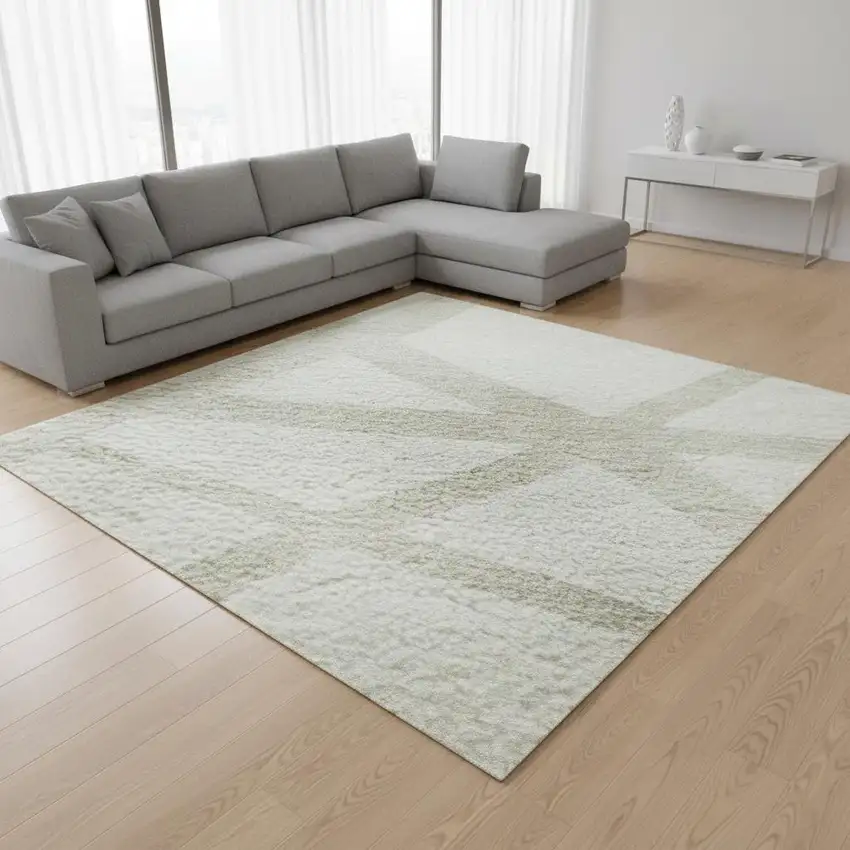 Ivory And Beige Geometric Washable Area Rug With UV Protection Photo 2