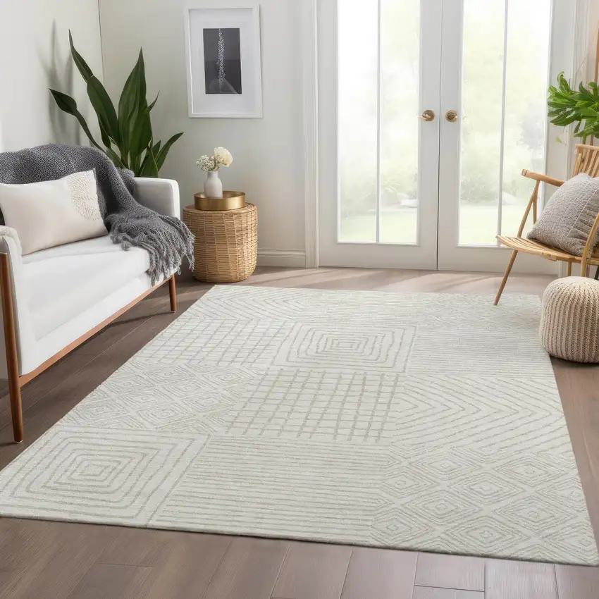 Ivory And Beige Geometric Washable Area Rug With UV Protection Photo 5