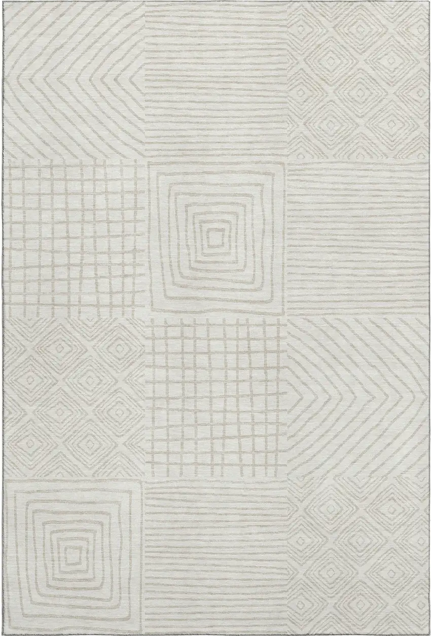 Ivory And Beige Geometric Washable Area Rug With UV Protection Photo 1