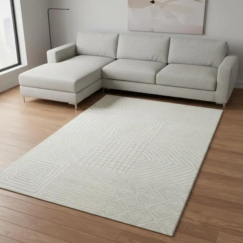 Ivory And Beige Geometric Washable Area Rug With UV Protection Photo 2