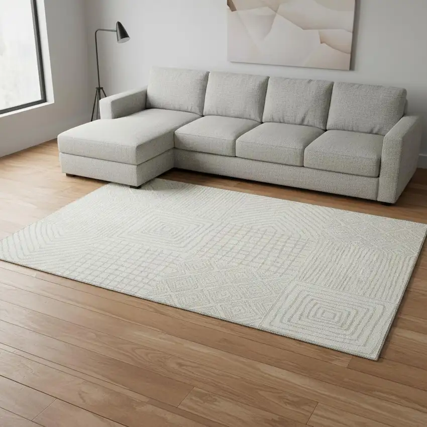 Ivory And Beige Geometric Washable Area Rug With UV Protection Photo 2