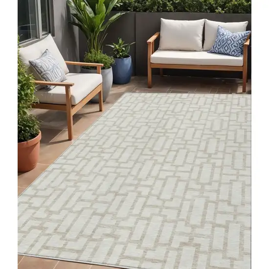 Ivory And Beige Geometric Washable Indoor Outdoor Area Rug Photo 1