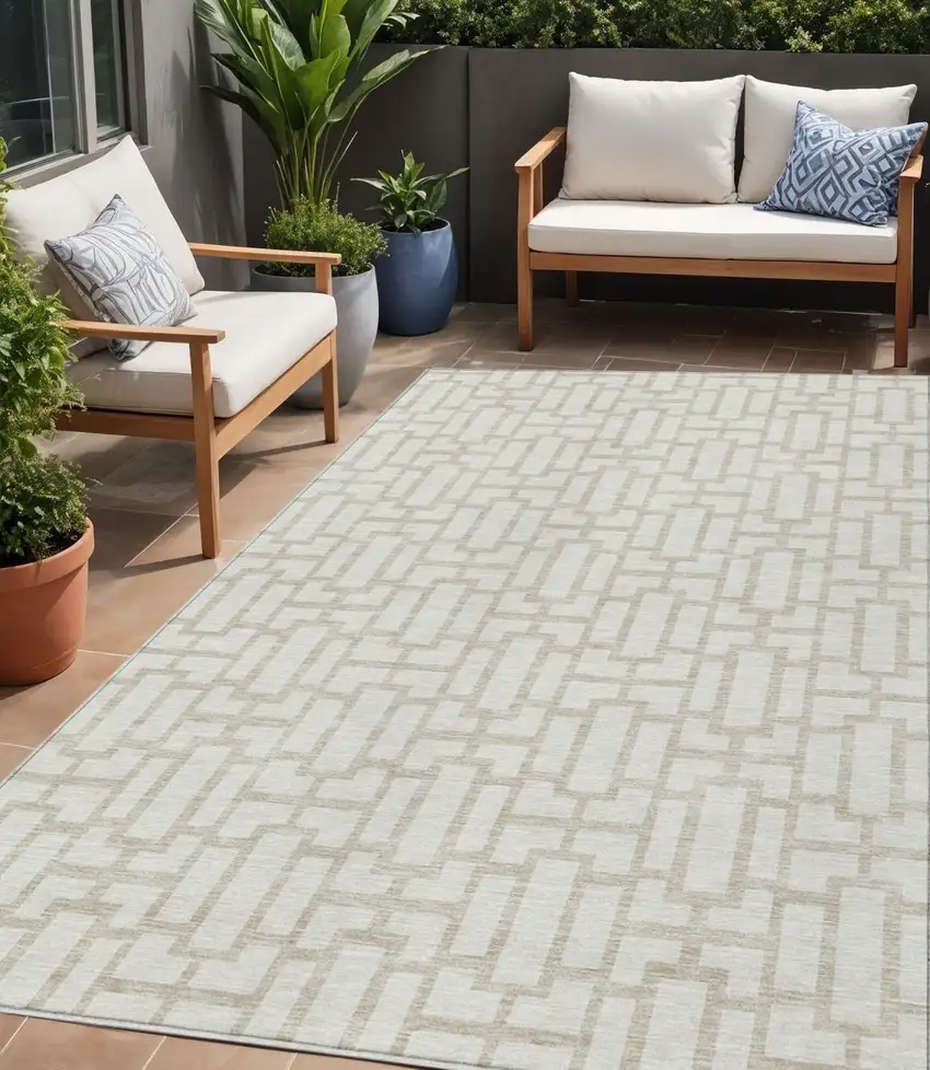 Ivory And Beige Geometric Washable Indoor Outdoor Area Rug Photo 1