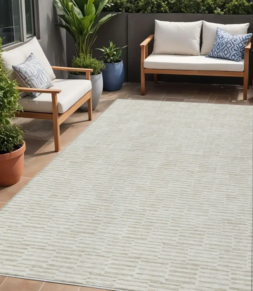 Ivory And Beige Geometric Washable Indoor Outdoor Area Rug Photo 1