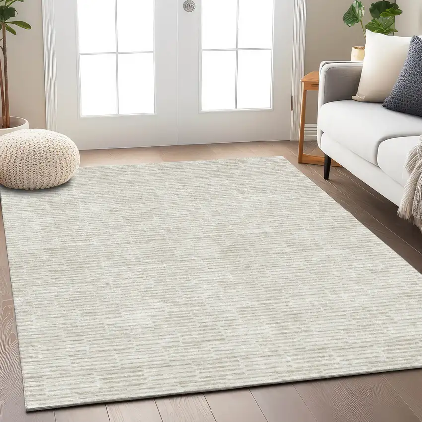 Ivory And Beige Geometric Washable Indoor Outdoor Area Rug Photo 9