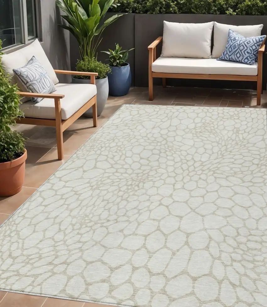 Ivory And Beige Geometric Washable Indoor Outdoor Area Rug Photo 1