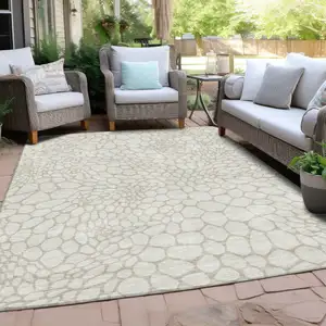Photo of Ivory And Beige Geometric Washable Indoor Outdoor Area Rug