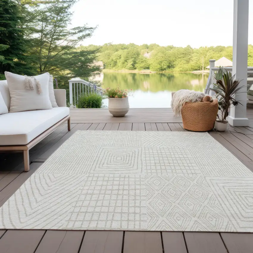 Ivory And Beige Geometric Washable Indoor Outdoor Area Rug Photo 9