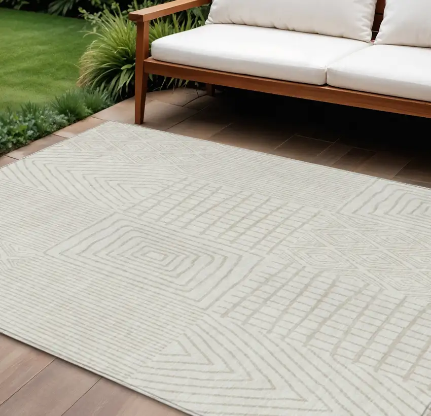 Ivory And Beige Geometric Washable Indoor Outdoor Area Rug Photo 1