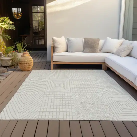 Ivory And Beige Geometric Washable Indoor Outdoor Area Rug Photo 6